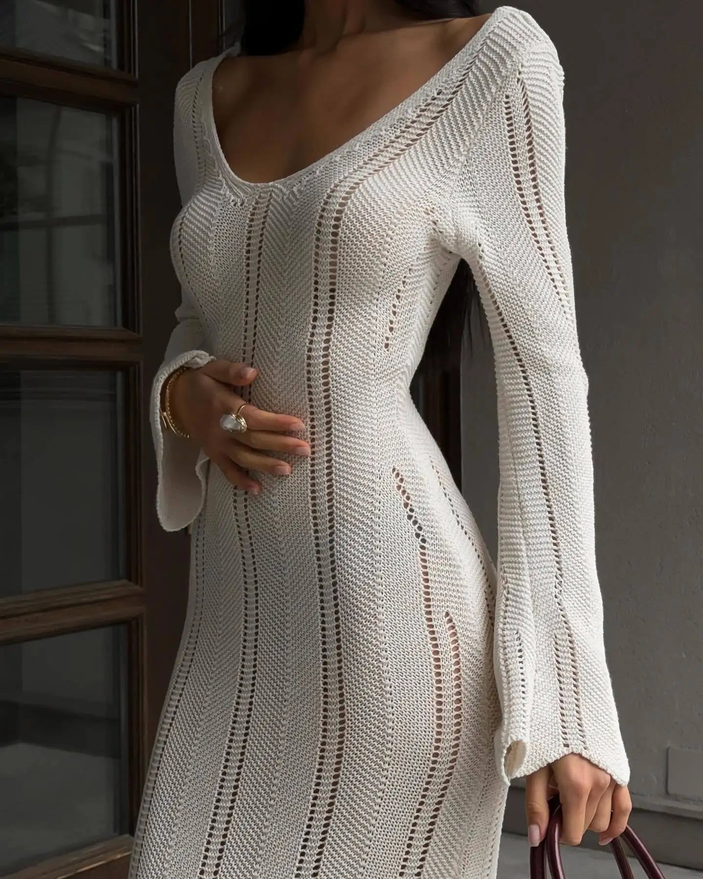 Elegant Knitted V-Neck Long Sleeve Dress for Women - Image 36