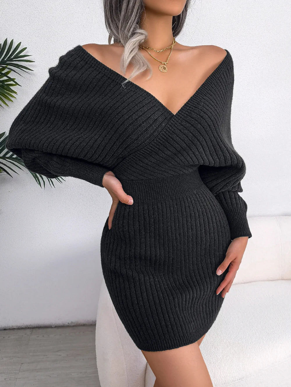 Chic Bat Sleeve V-Neck Cinched Waist Mini Dress - Image 17