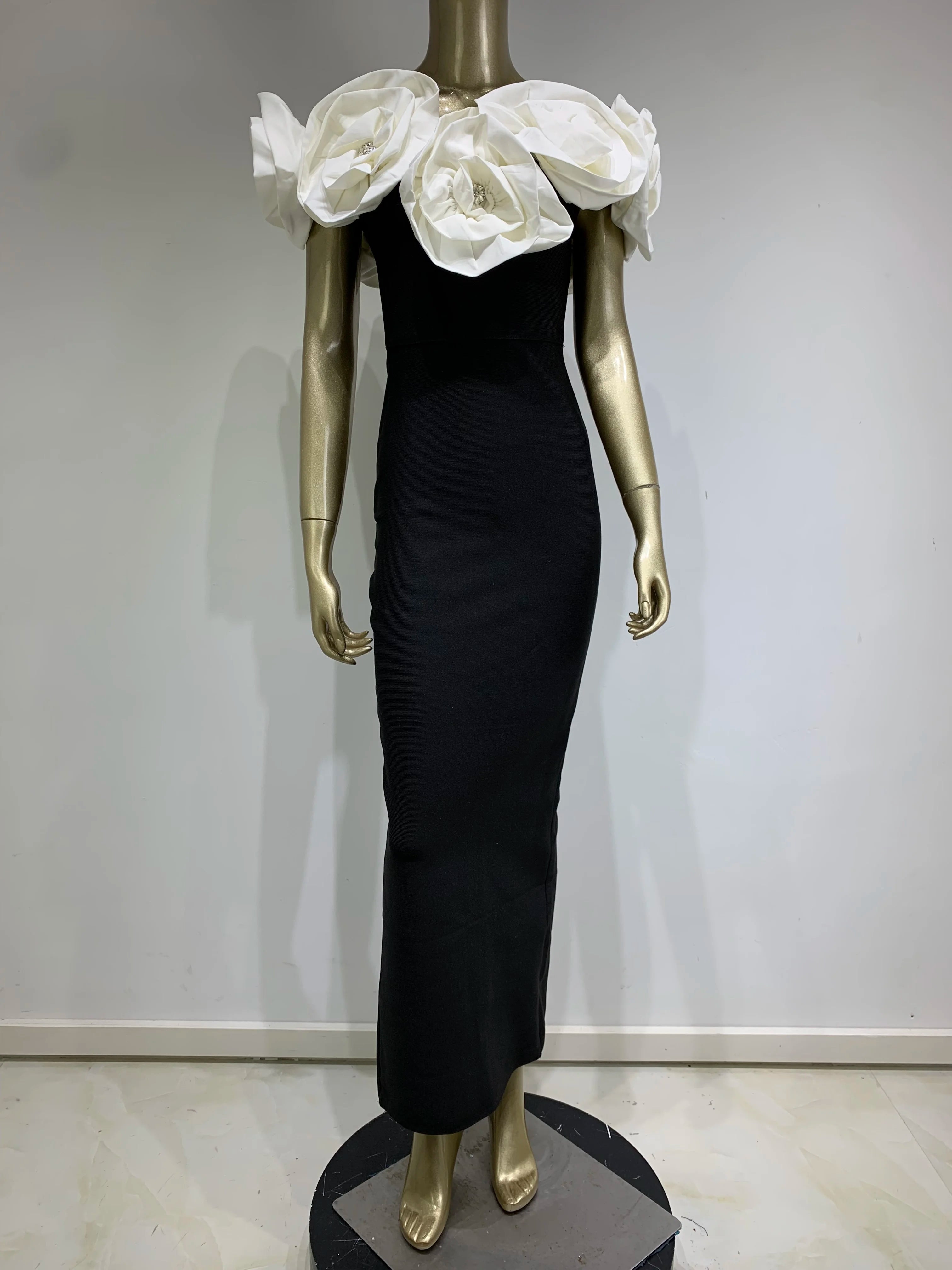 Elegant Off-Shoulder Black Maxi Dress with Floral Accents - Image 3