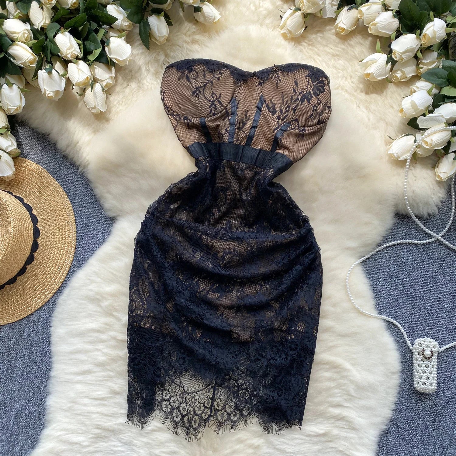 Chic Vintage Lace Patchwork Pleated Tube Top Dress - Image 14