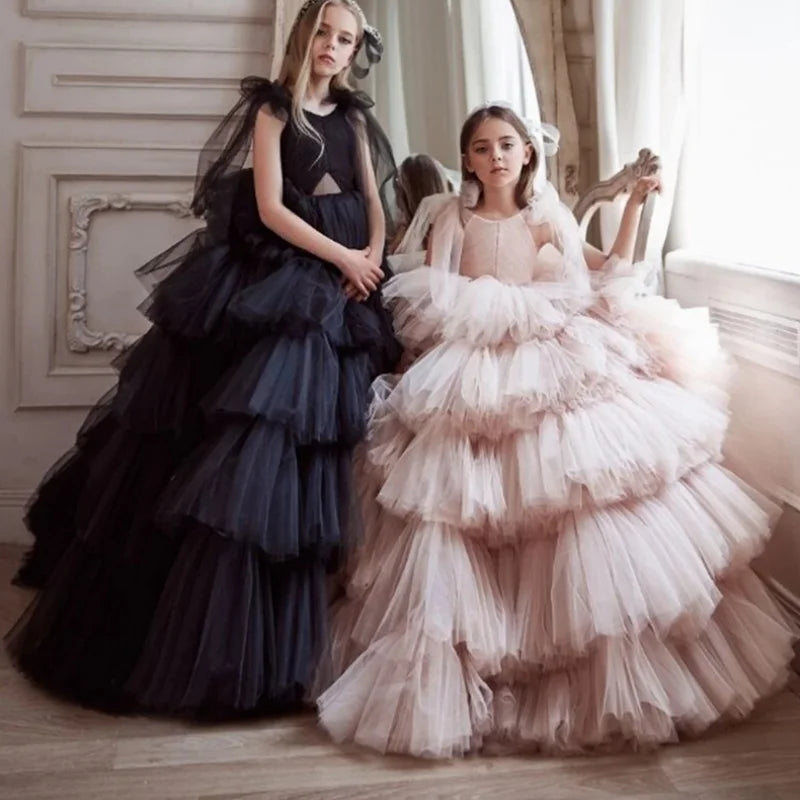 Customized Pink and Black Tulle Flower Girl Dresses