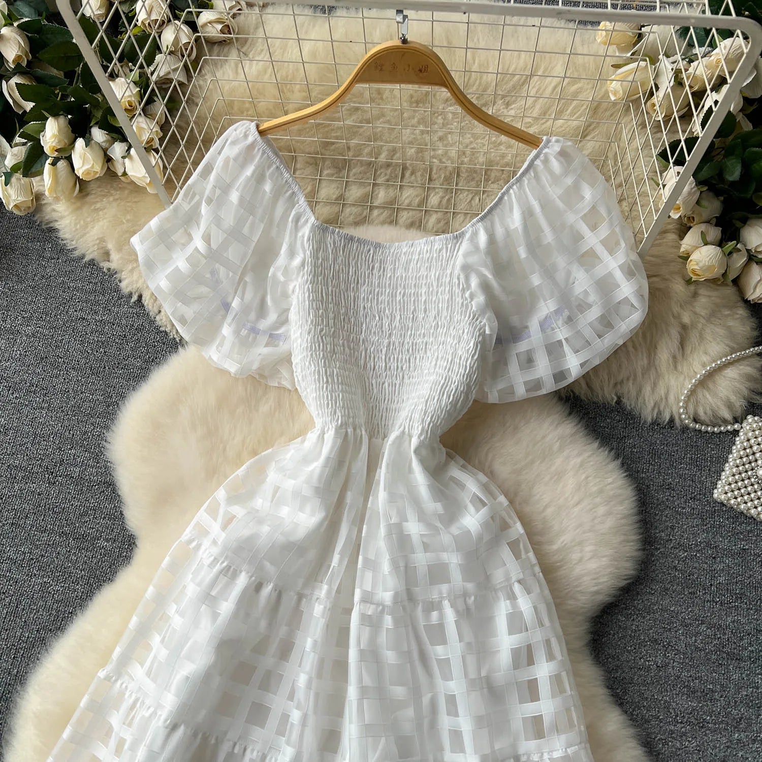 French Vintage Square Collar Puff Sleeve Summer Dress - Image 45