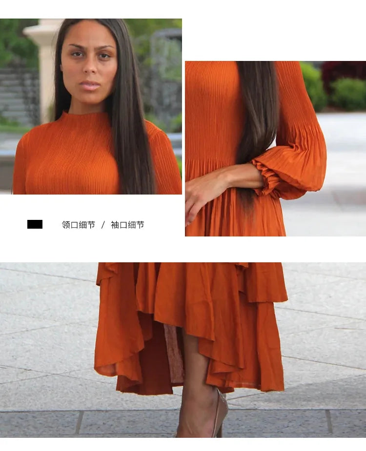 Elegant Lantern Sleeve Dress with Lotus Edge Skirt - Image 19