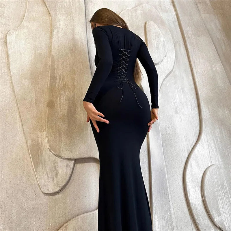 Chic Solid Color Bodycon Party Dress with Long Sleeves - Image 11