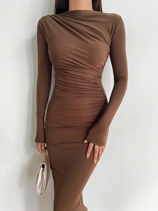 Elegant Slim Fit Slash Neck Long Sleeve Dress - Image 2