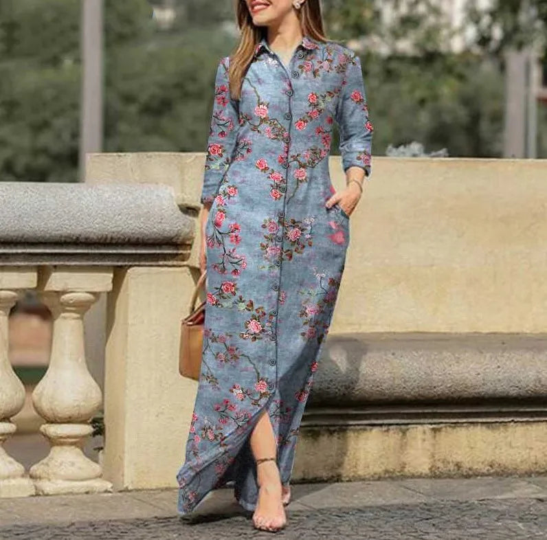 Vintage Floral Maxi Shirt Dress with Pockets - Autumn Style - Image 10