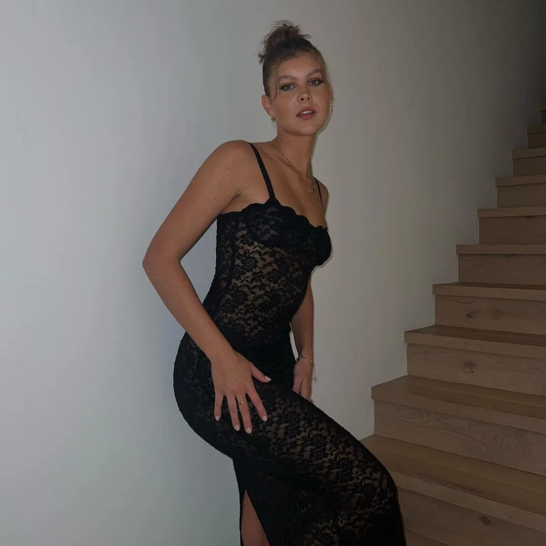 Elegant Black Lace Maxi Dress with Spaghetti Straps - Image 29