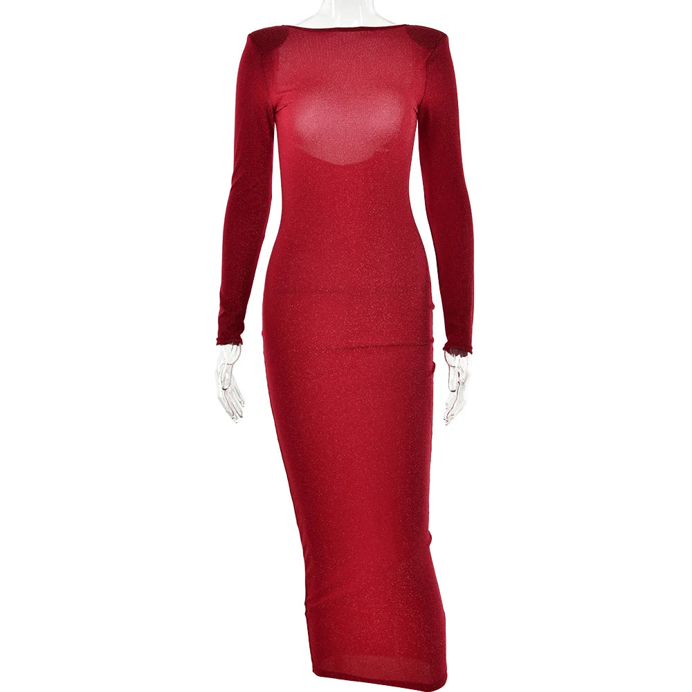 Elegant Backless Silk Long Dress with Sheer Sleeves - Image 12