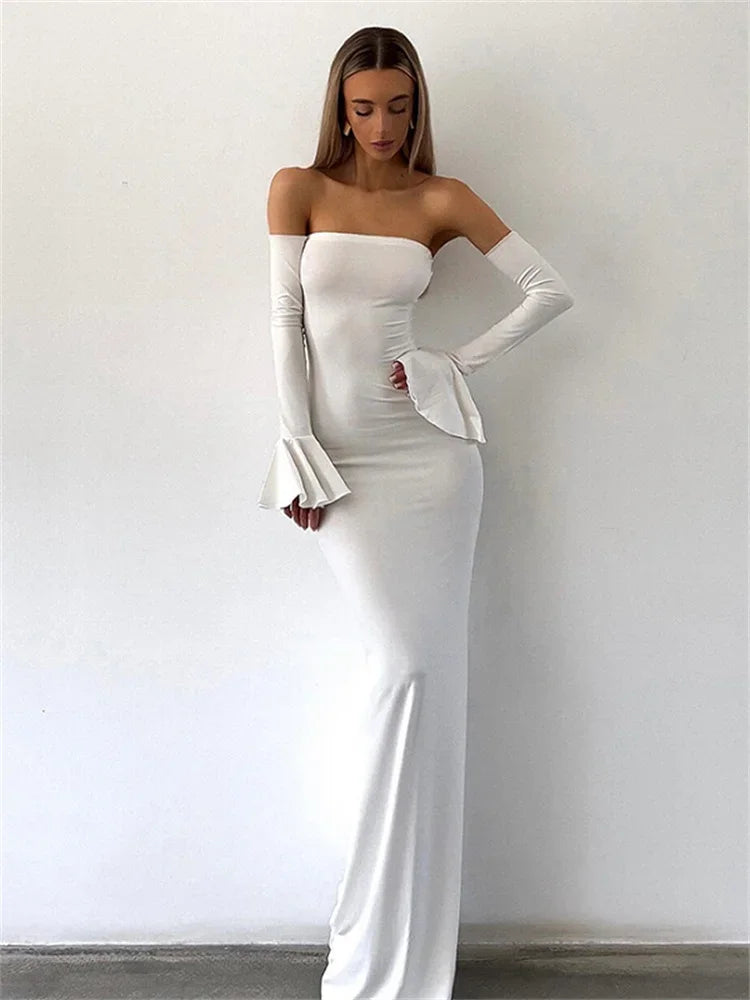 Black Slim Ruffled Backless Off-Shoulder Maxi Dress - Image 4