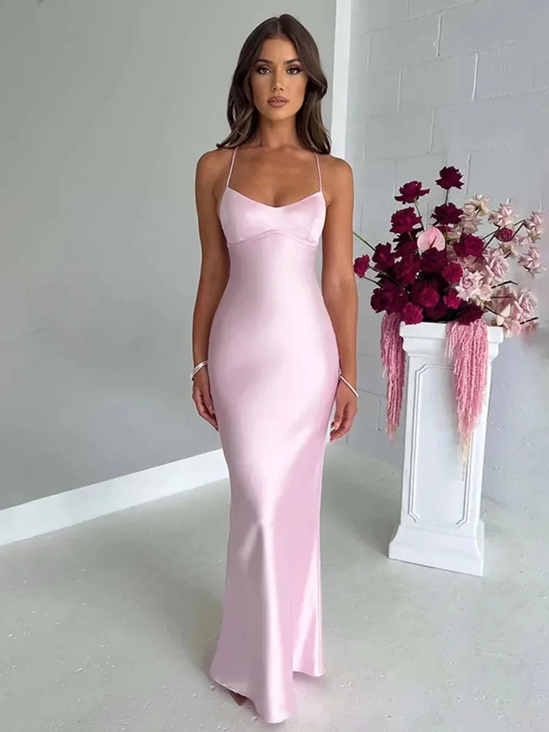Elegant Backless Satin Spaghetti Strap Evening Dress - Pink