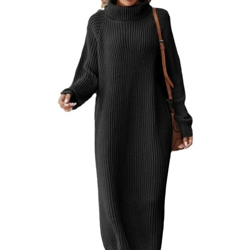 Women's Solid Color High Collar Long Knit Sweater Dress - Image 6