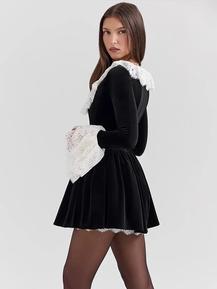 Chic Black Lace Flare Mini Dress with Square Collar - Image 5