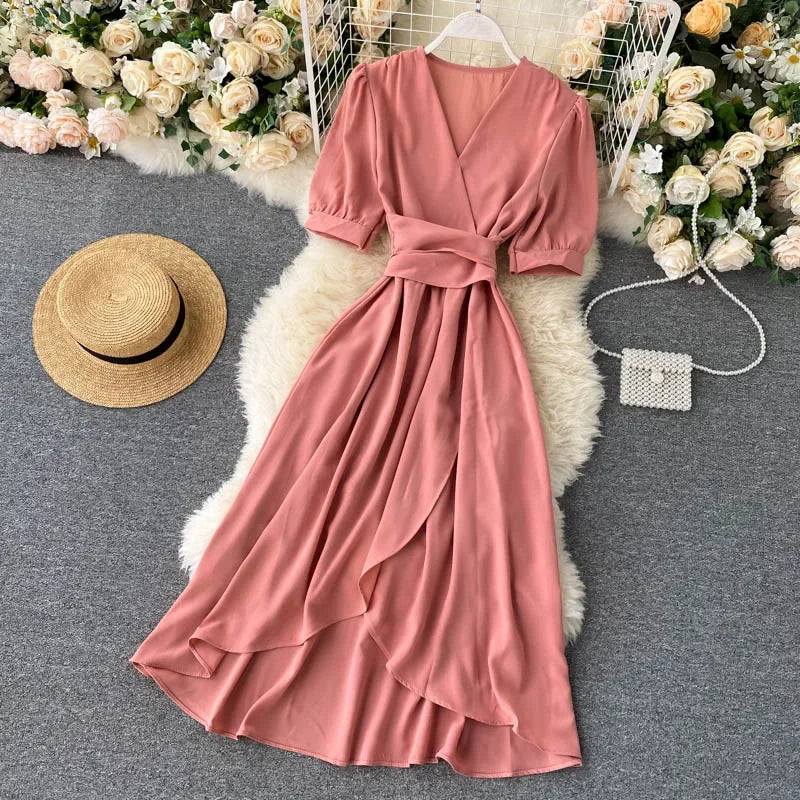 V-neck Solid Color Bubble Dress with Ruffle Edges - Image 9