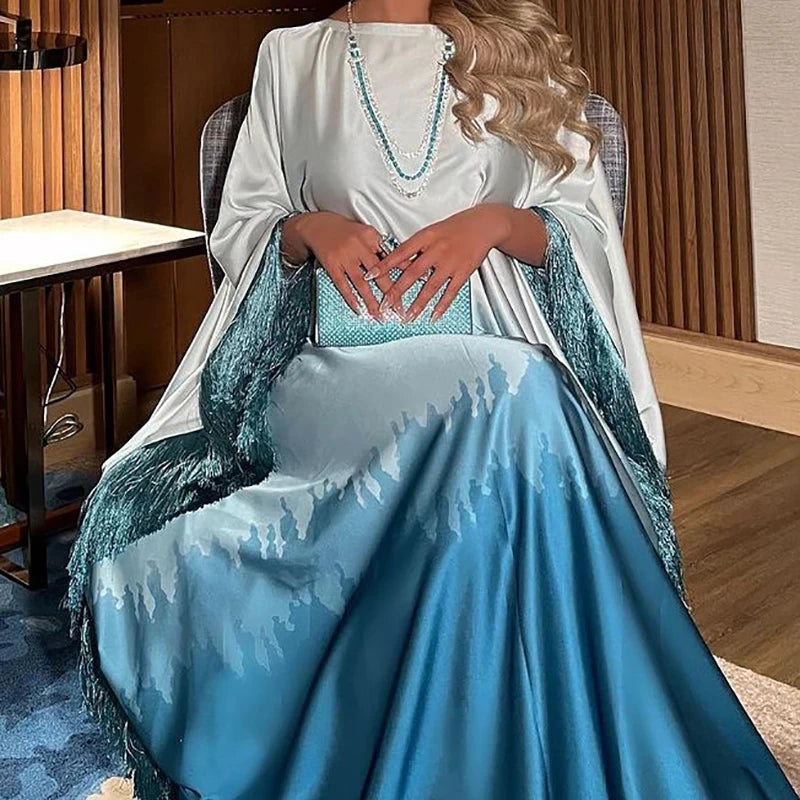 Elegant Gradient Print Tassel Batwing Sleeve Robe Dress - Image 11