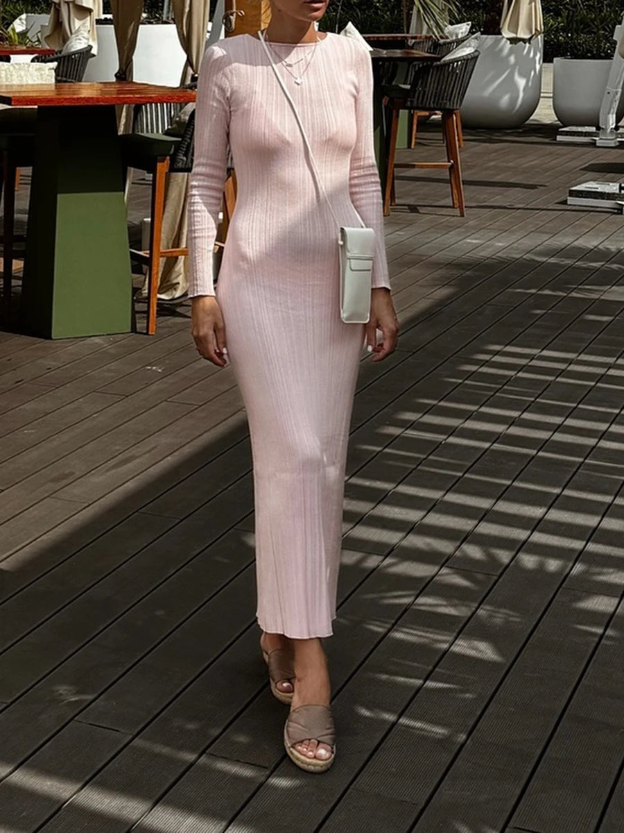 Casual Knit Ribbed Long Sleeve Bodycon Dress - Solid Color - Image 11