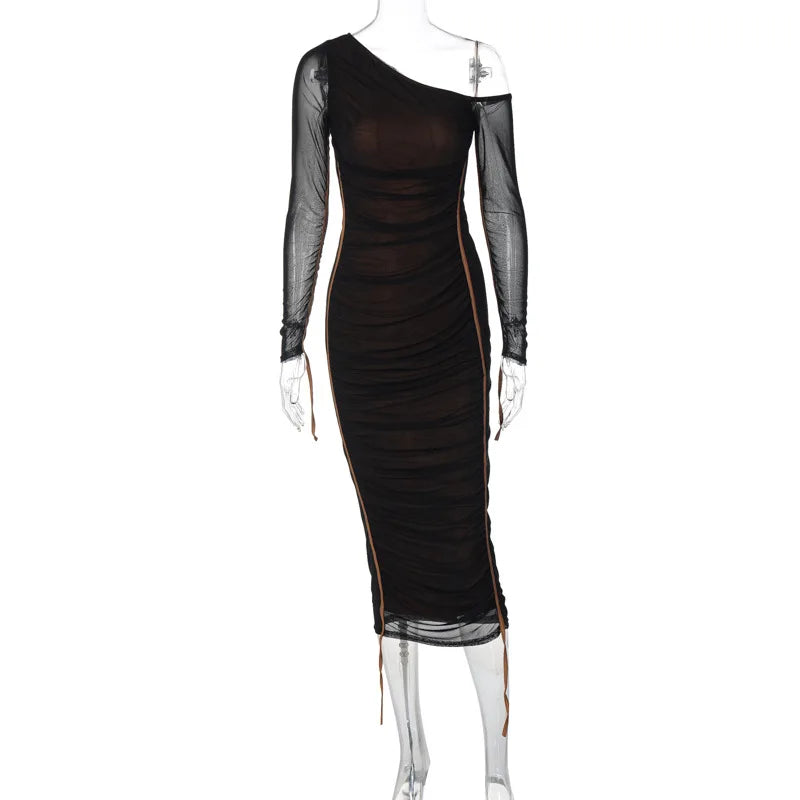 Sloping Neck Backless Midi Dress with Pleated Layers - Image 6