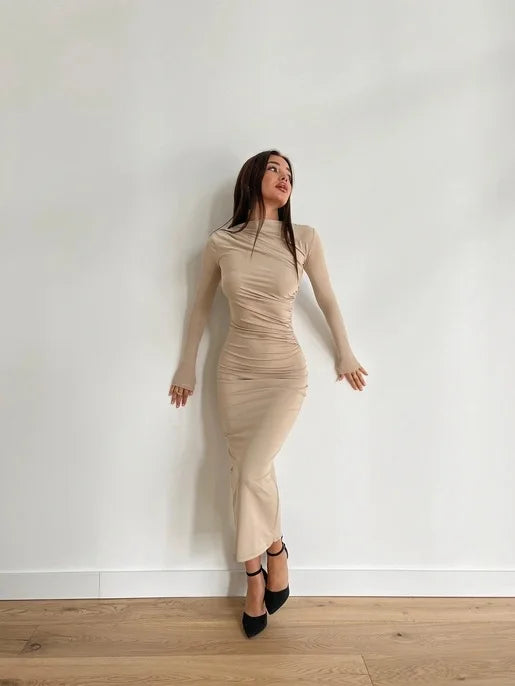 Elegant Slim Fit Slash Neck Long Sleeve Dress - Image 43