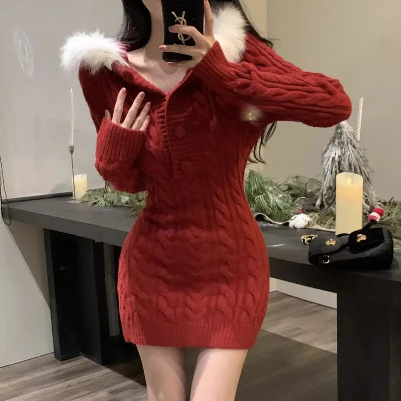 Elegant Red Hooded Knit Dress for Women - Image 8