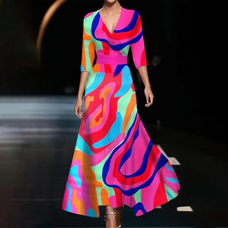 Floral Print Deep V Neck Boho A-Line Dress - Image 7