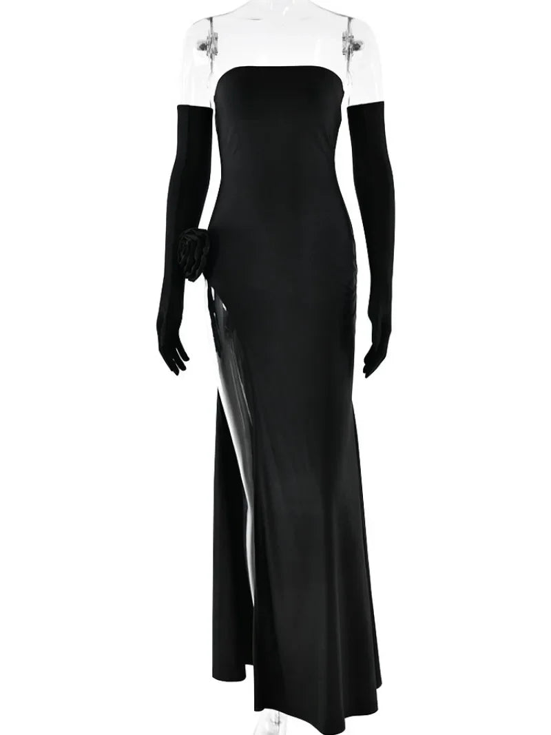 Elegant Strapless Maxi Dress with High Slit and Gloves - Image 2