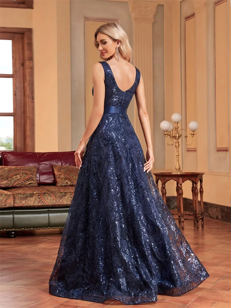 Elegant Deep V-Neck Sequined Blue Evening Dress for Events - Image 3