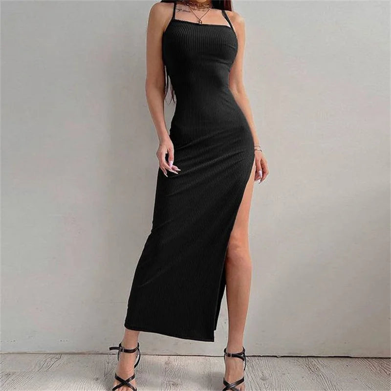 Summer Black Bodycon Halter Neck Dress with High Split - Image 15