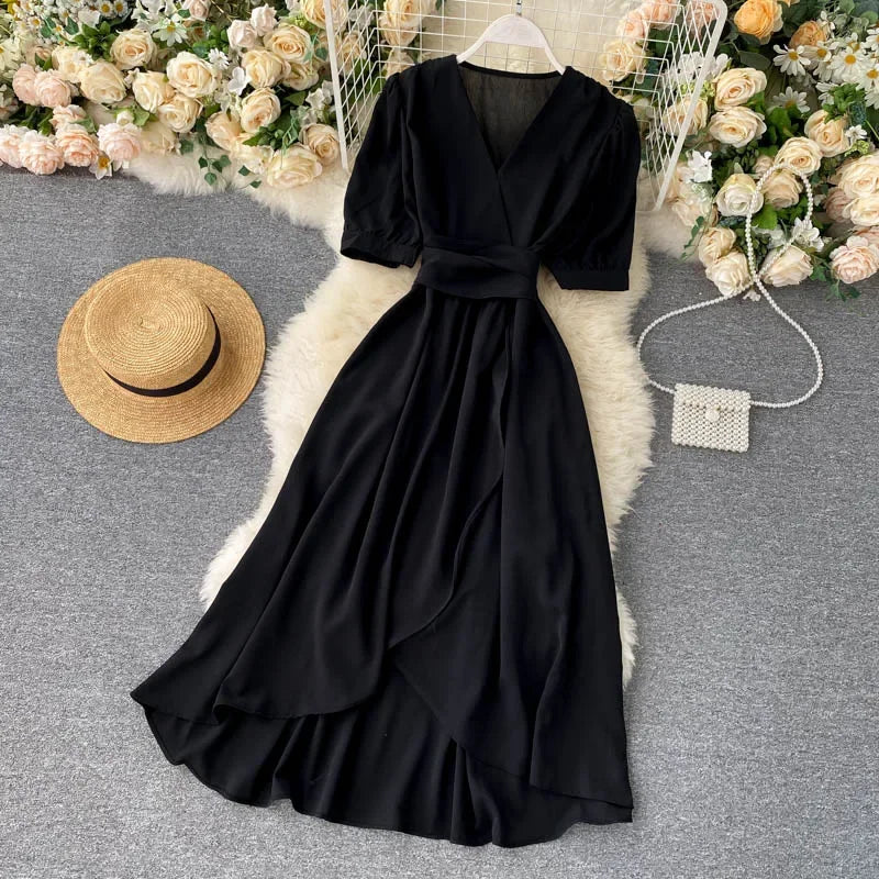 V-neck Solid Color Bubble Dress with Ruffle Edges - Image 23