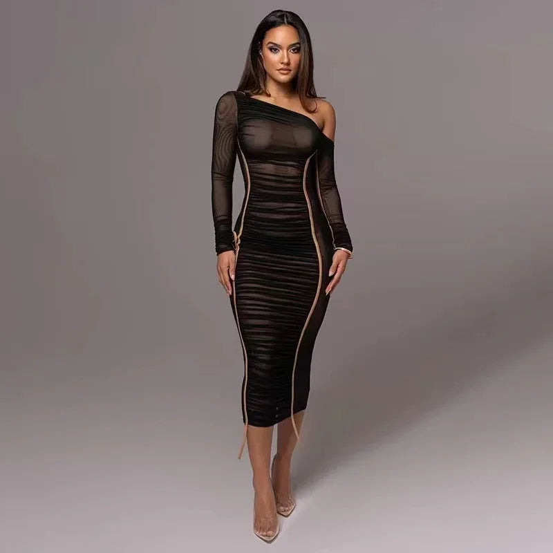 Elegant One-Shoulder Mesh Bodycon Dress for Evening Parties - Image 15