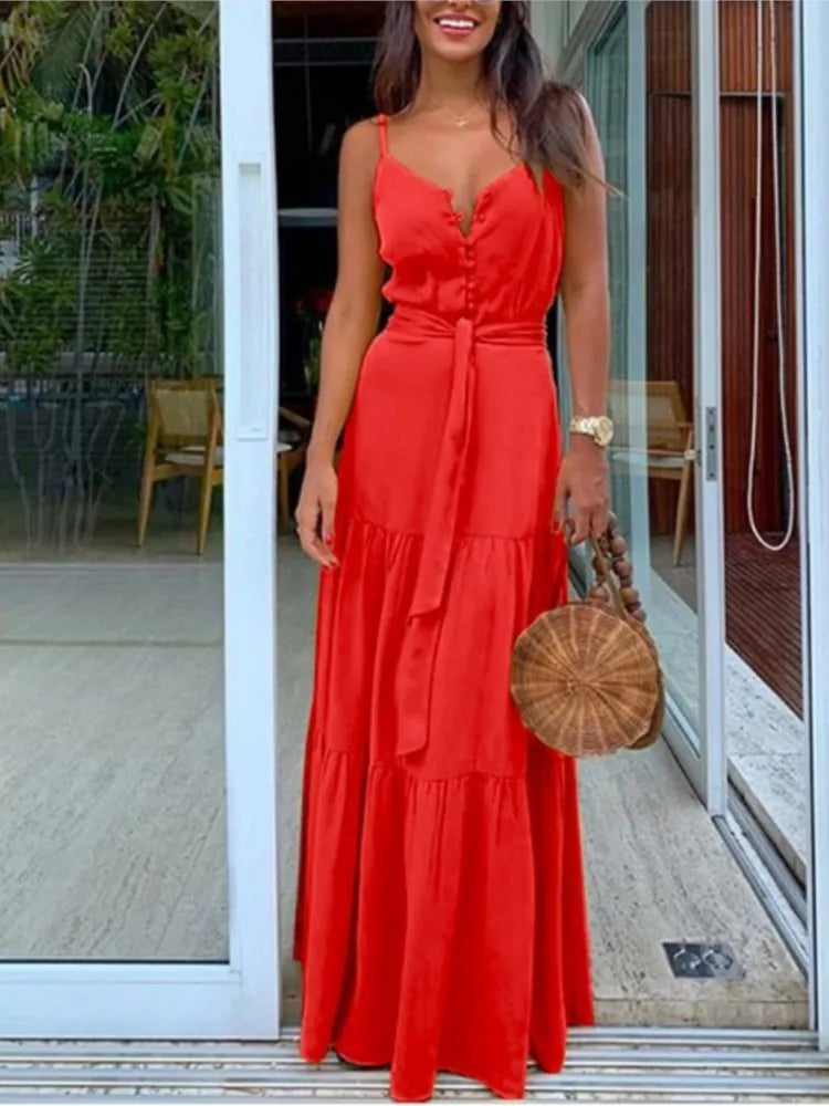 Women's Boho Spaghetti Strap Maxi Dress with Belt - Image 12