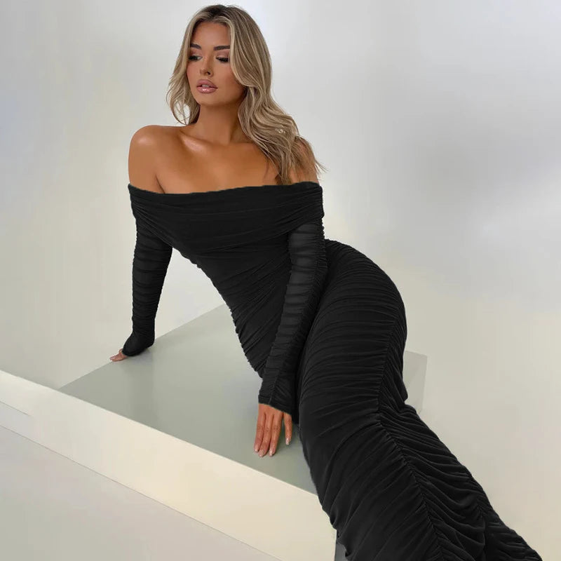 Off-Shoulder Long Sleeve Maxi Dress for Women - Sexy Bodycon - Image 24