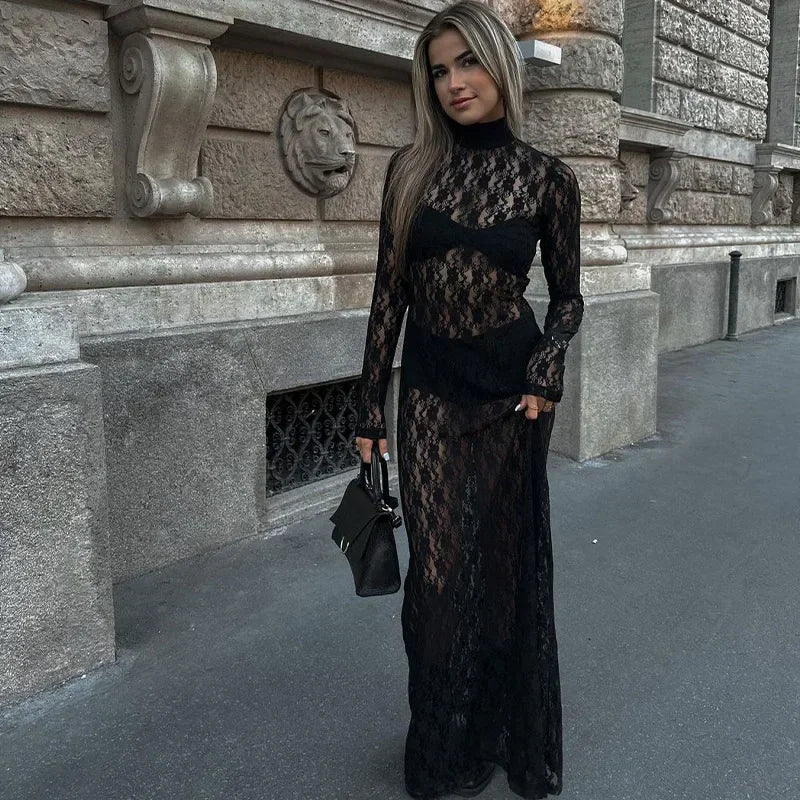Elegant Turtleneck Lace Bodycon Maxi Dress for Parties