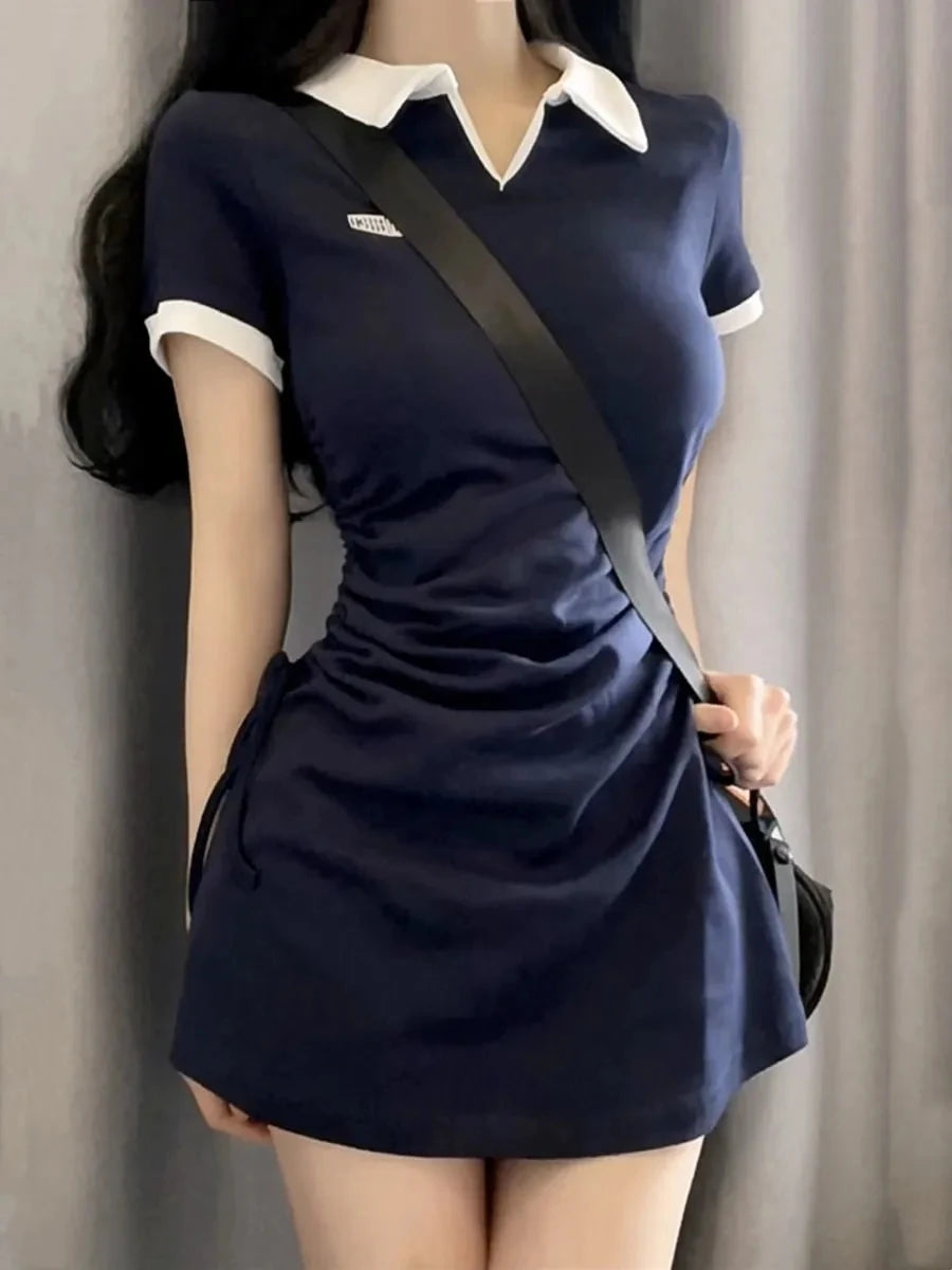 Trendy Summer Mini Dress with Drawstring and Collar - Image 9