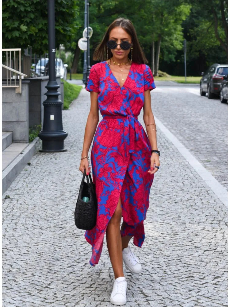 Floral Print V Neck Lace-Up Summer Dress for Women - Image 3