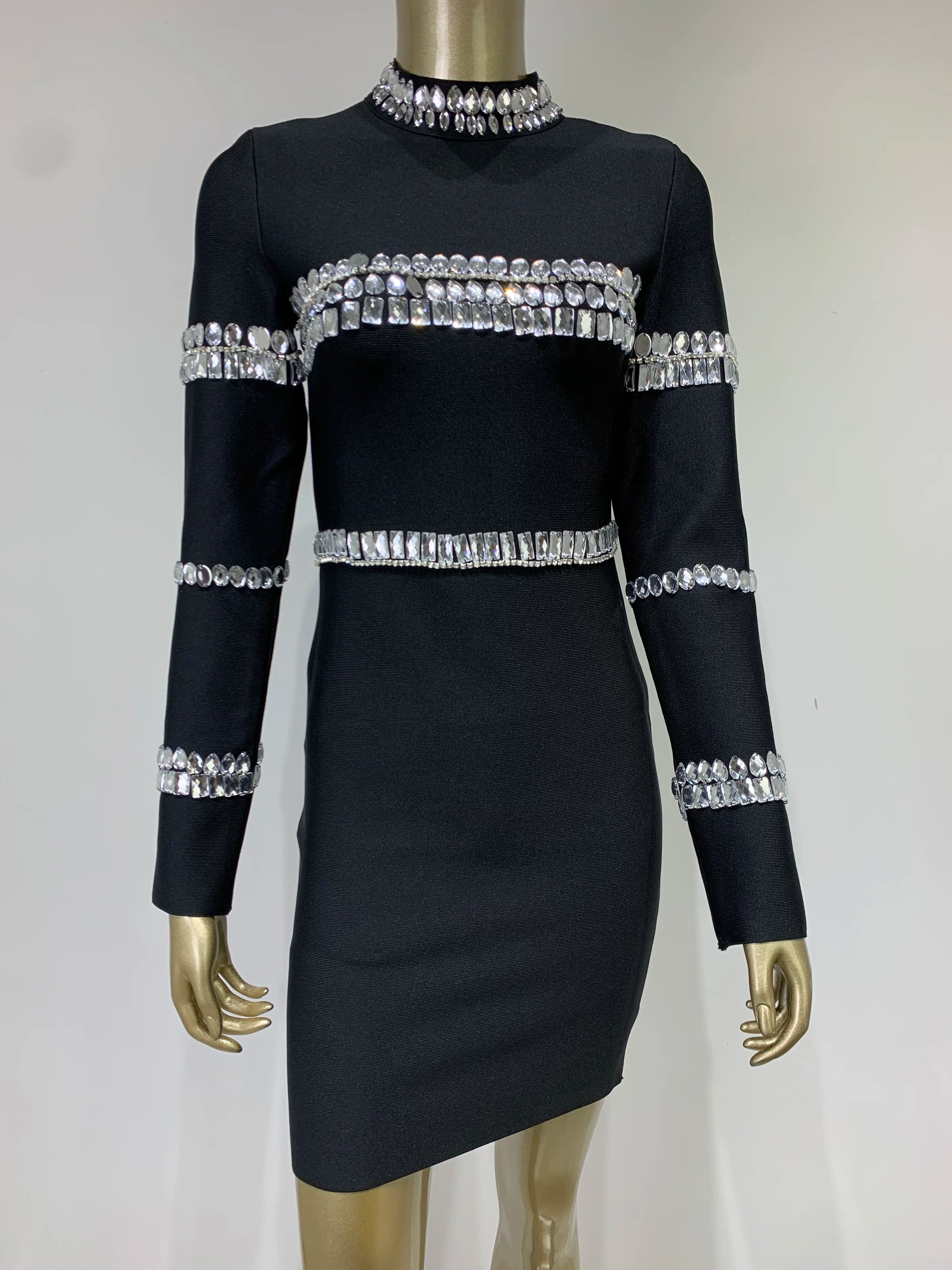 Elegant Long Sleeve Turtleneck Beaded Mini Dress for Parties - Image 9