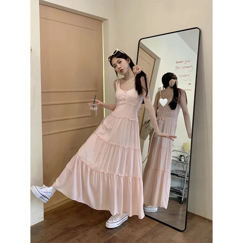 Summer Sweet Pink Maxi Dress with Ruffles for Women