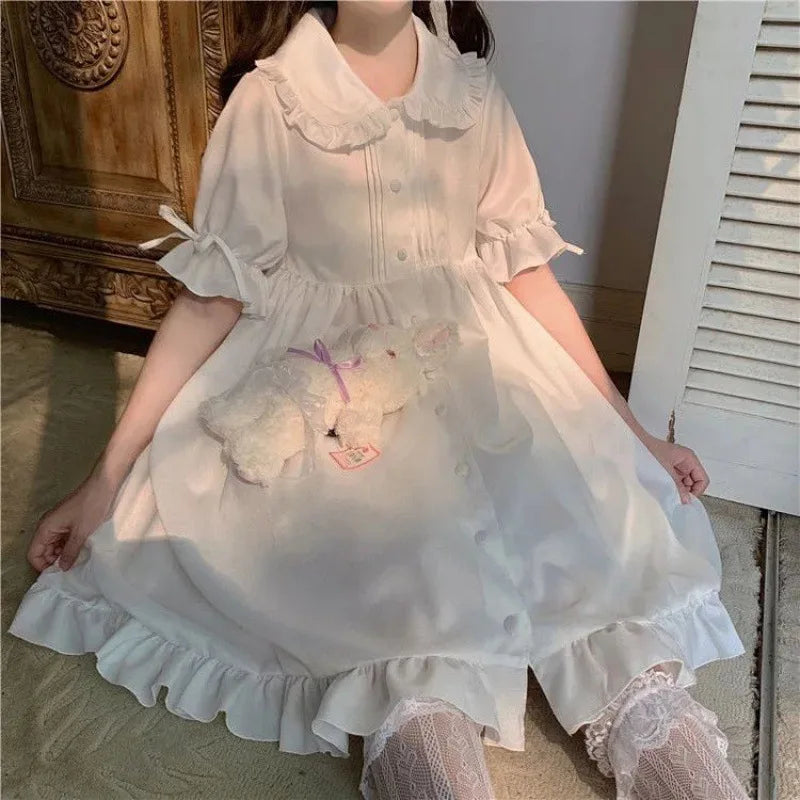 Women's Kawaii White Puff Sleeve Midi Dress - Image 7