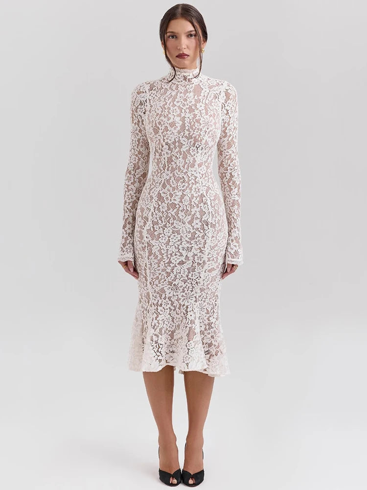 Elegant Lace Midi Dress with High Collar for Women