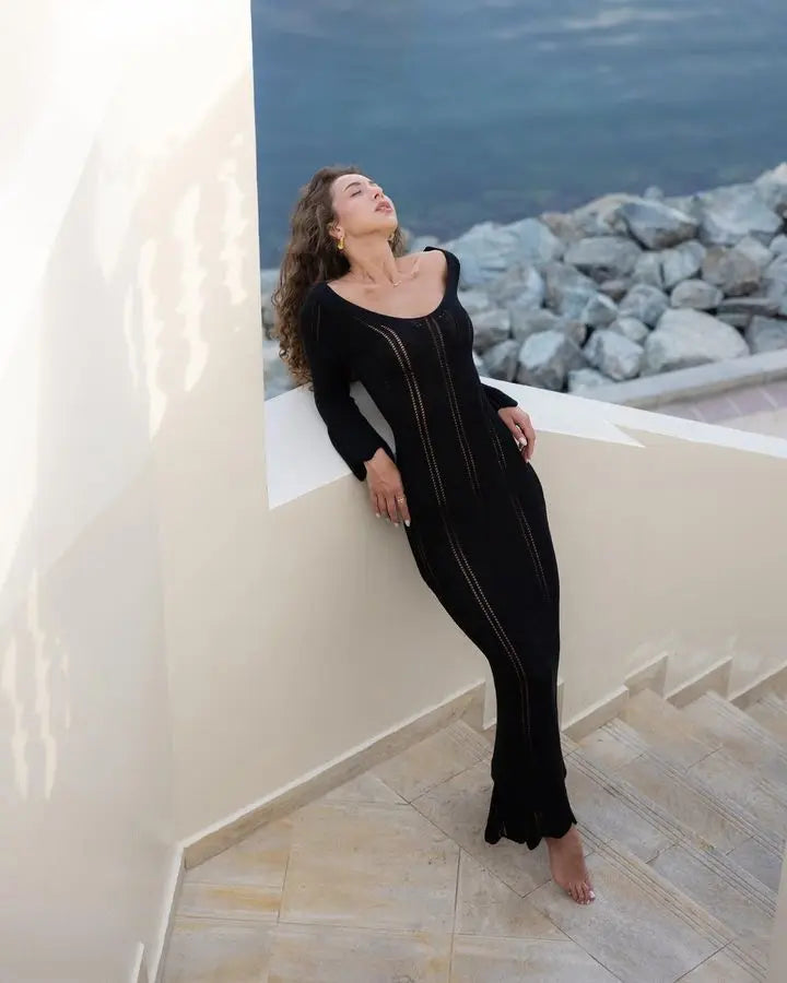 Elegant Knitted V-Neck Long Sleeve Dress for Women - Image 45