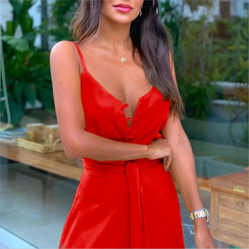 Women's Boho Spaghetti Strap Maxi Dress with Belt - Image 3