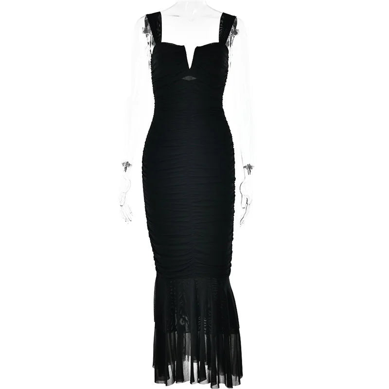 Elegant Spaghetti Strap Backless Ruched Maxi Dress for Women - Image 34