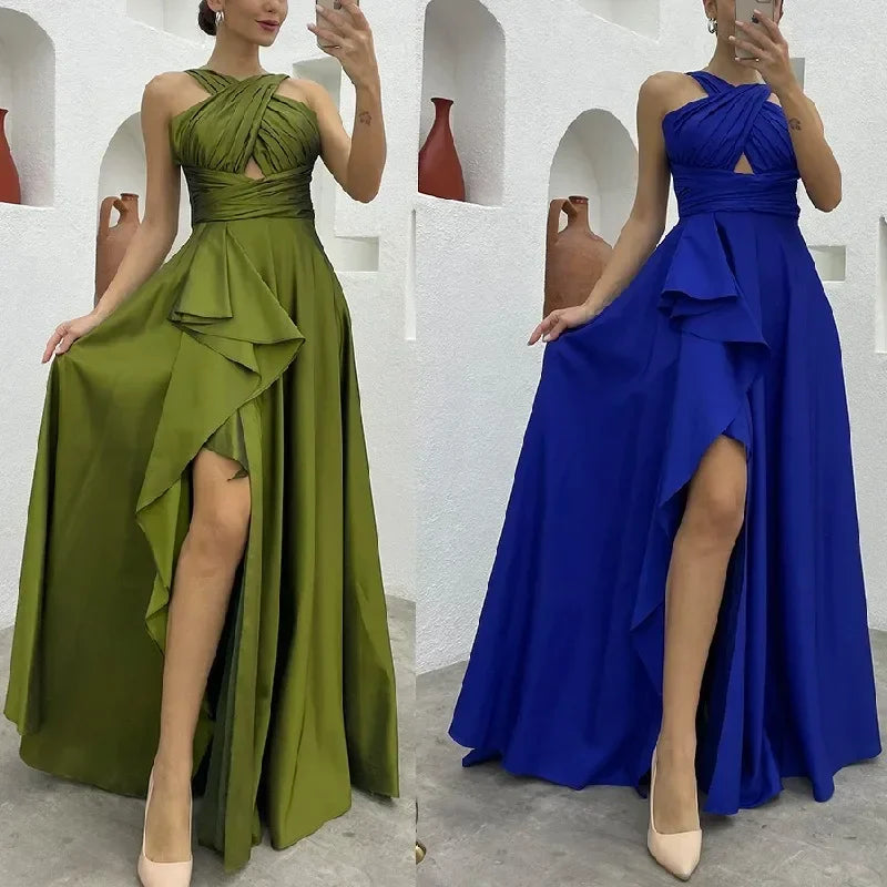 Elegant Sleeveless High Waist Ruffle Slit Evening Dress - Image 3