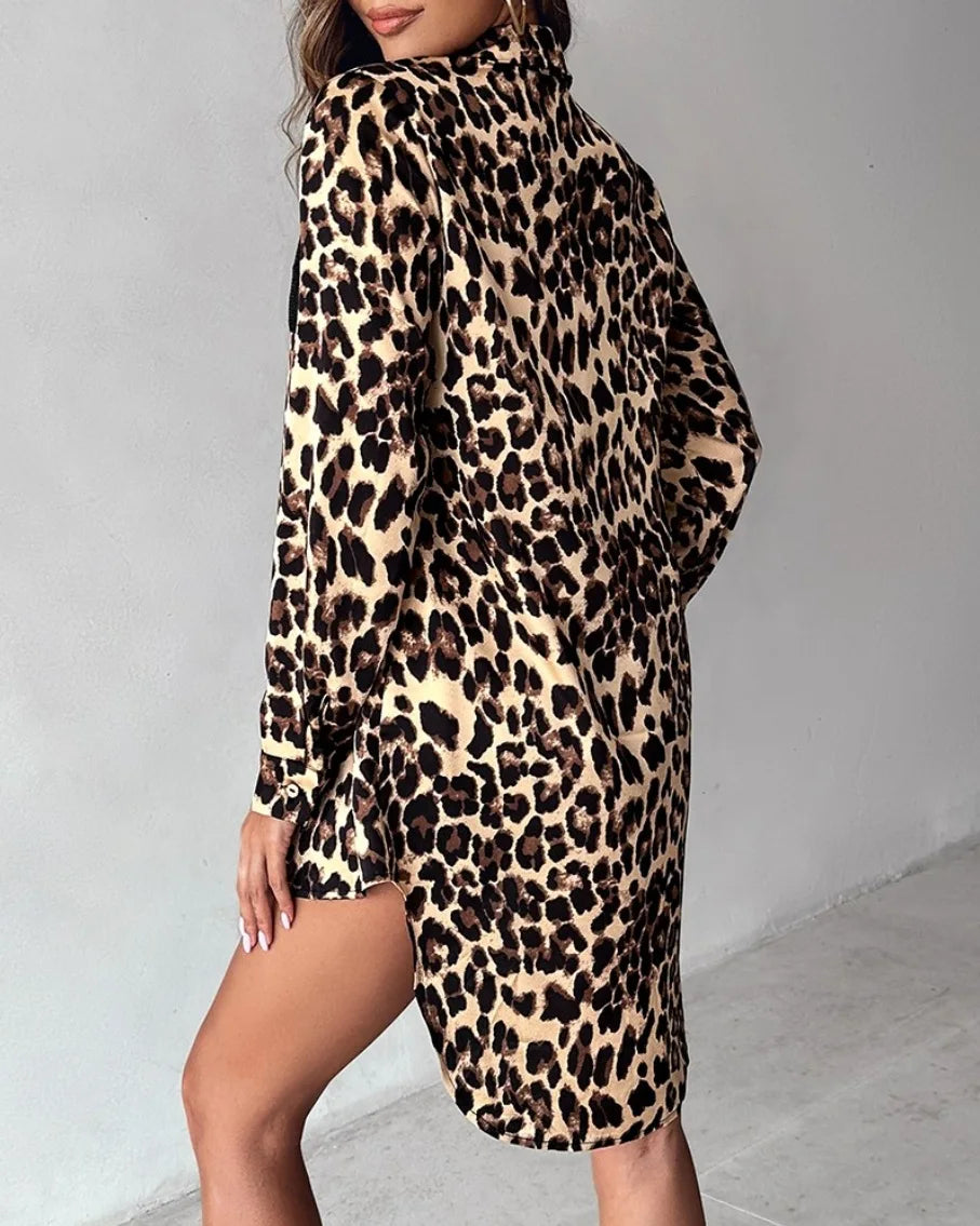 Women's Leopard Print Button-Up Casual Shirt Dress - Image 19