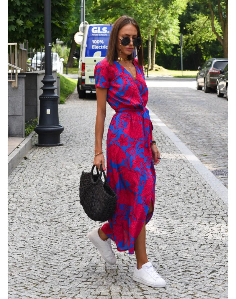 Floral Print V Neck Lace-Up Summer Dress for Women - Image 9