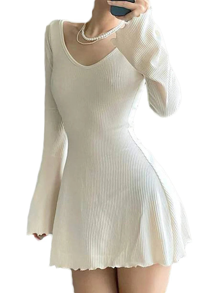 Women's Solid Ribbed Long Sleeve V-Neck Mini Dress - Image 7