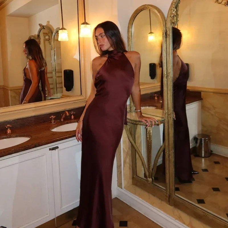 Elegant Brown Halter Lace-Up Backless Bodycon Dress - Image 23