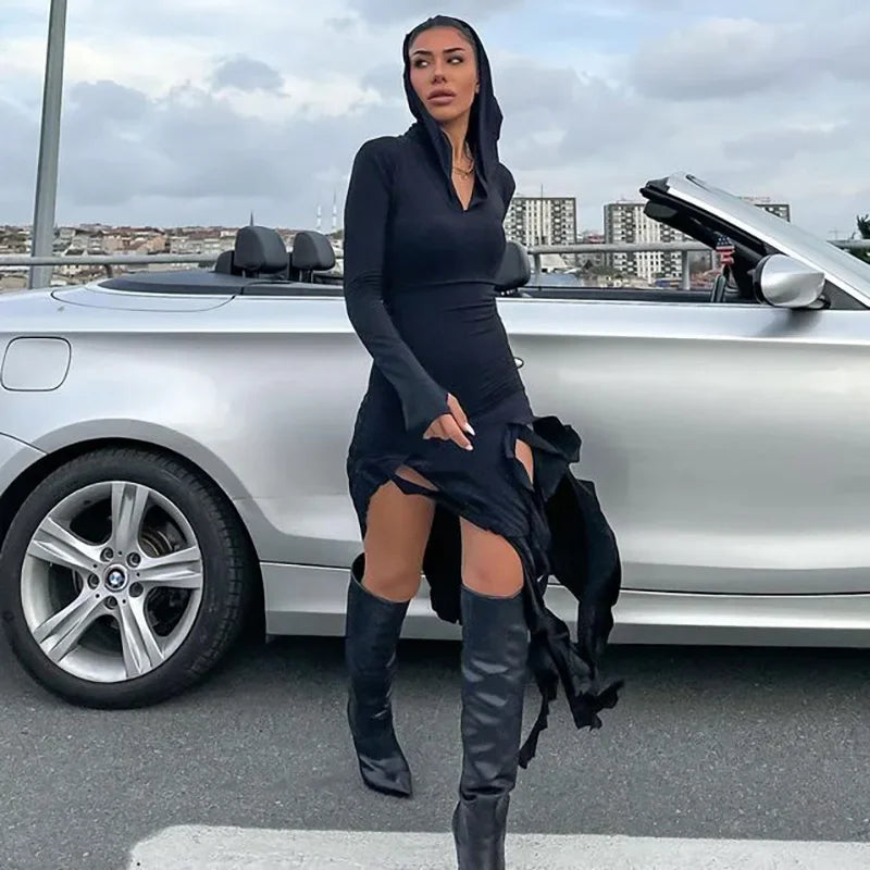 Elegant Hooded Maxi Dress with Ruffle Detail for Women - Image 3