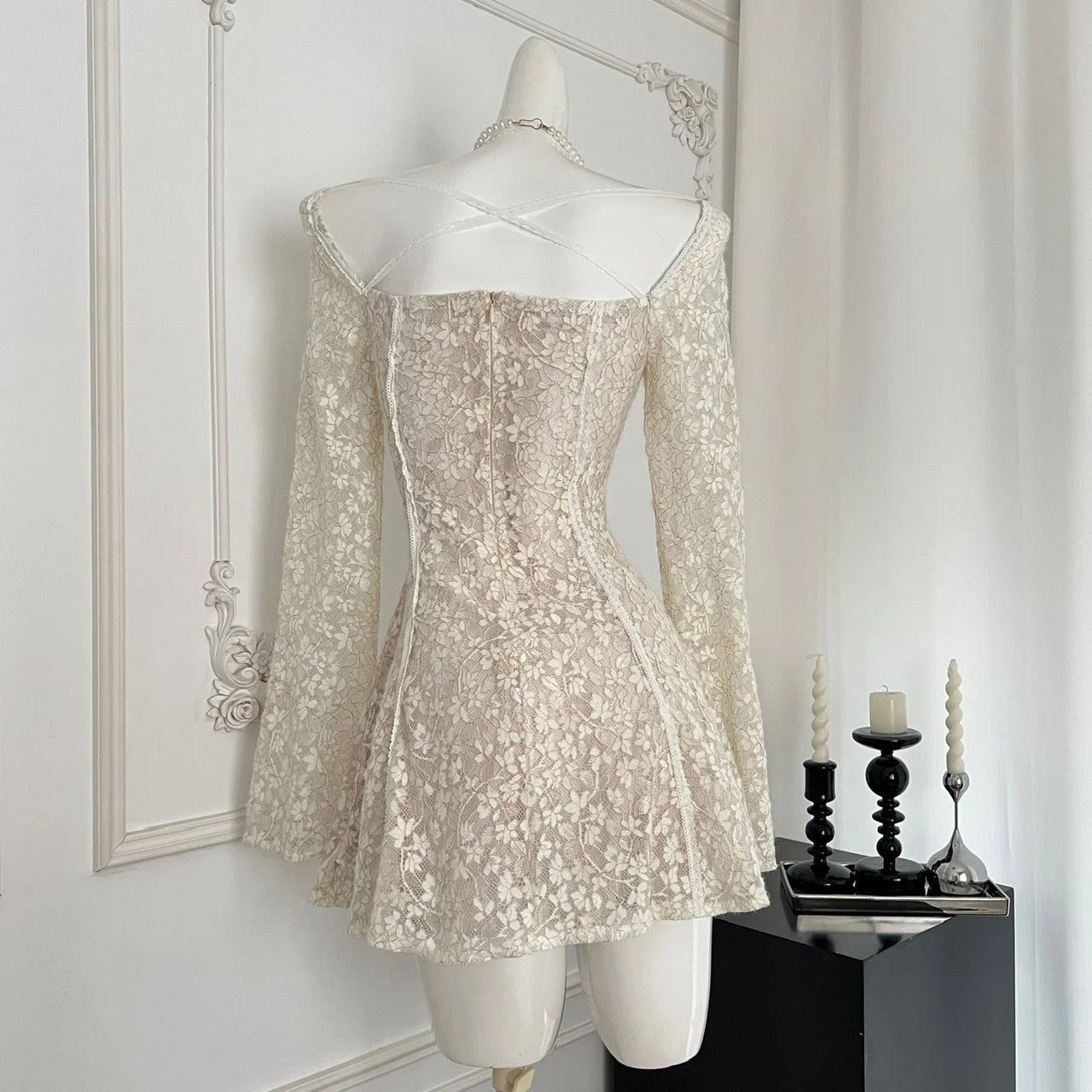 Elegant Lace Mini Dress with Square Collar and Flare Sleeves - Image 10
