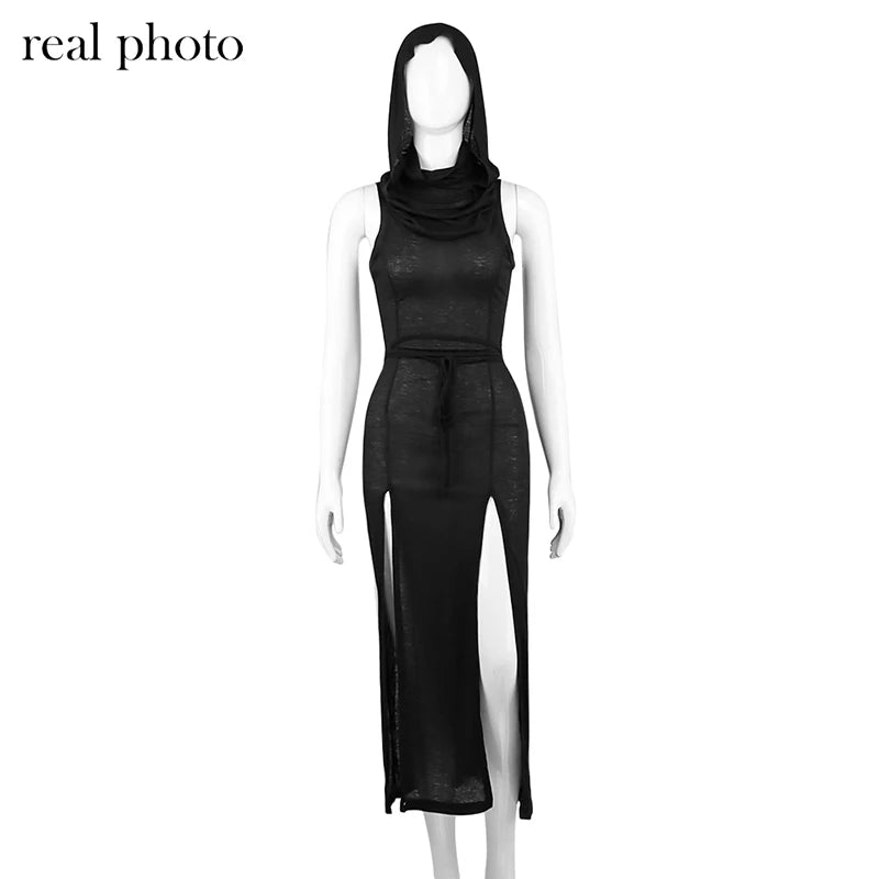 Dark Cyber Gothic Hooded Midi Dress with Split Sides - Image 14