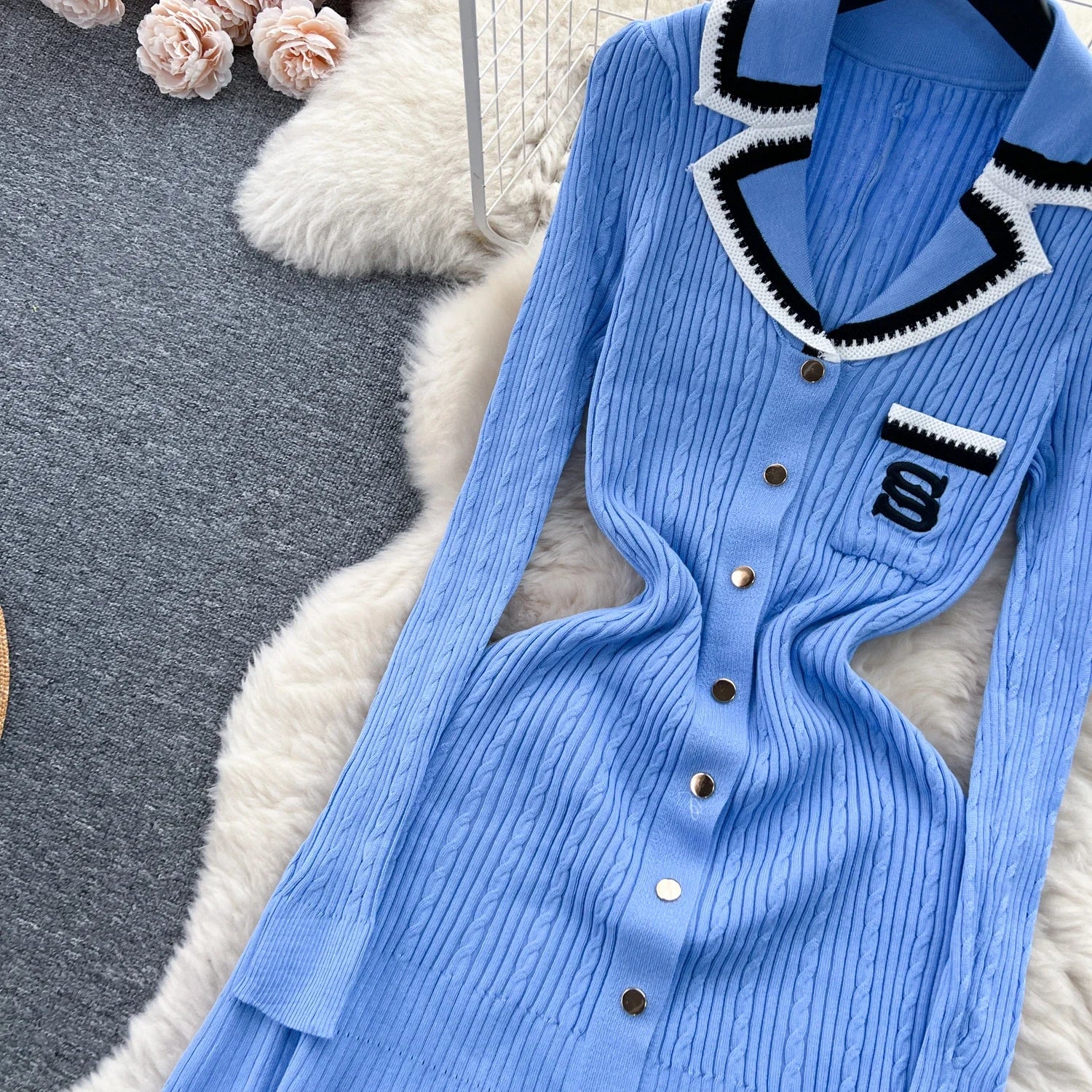 Elegant V-Neck Knitted Dress for Women - Long Sleeve A-Line - Image 35
