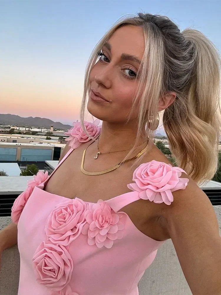 Chic High Waist Pink 3D Flower Mini Dress - Image 5